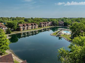 community lake with ample green space at Bavarian Village Apartments, Indiana at Bavarian Village Apartments, Indianapolis, Indiana